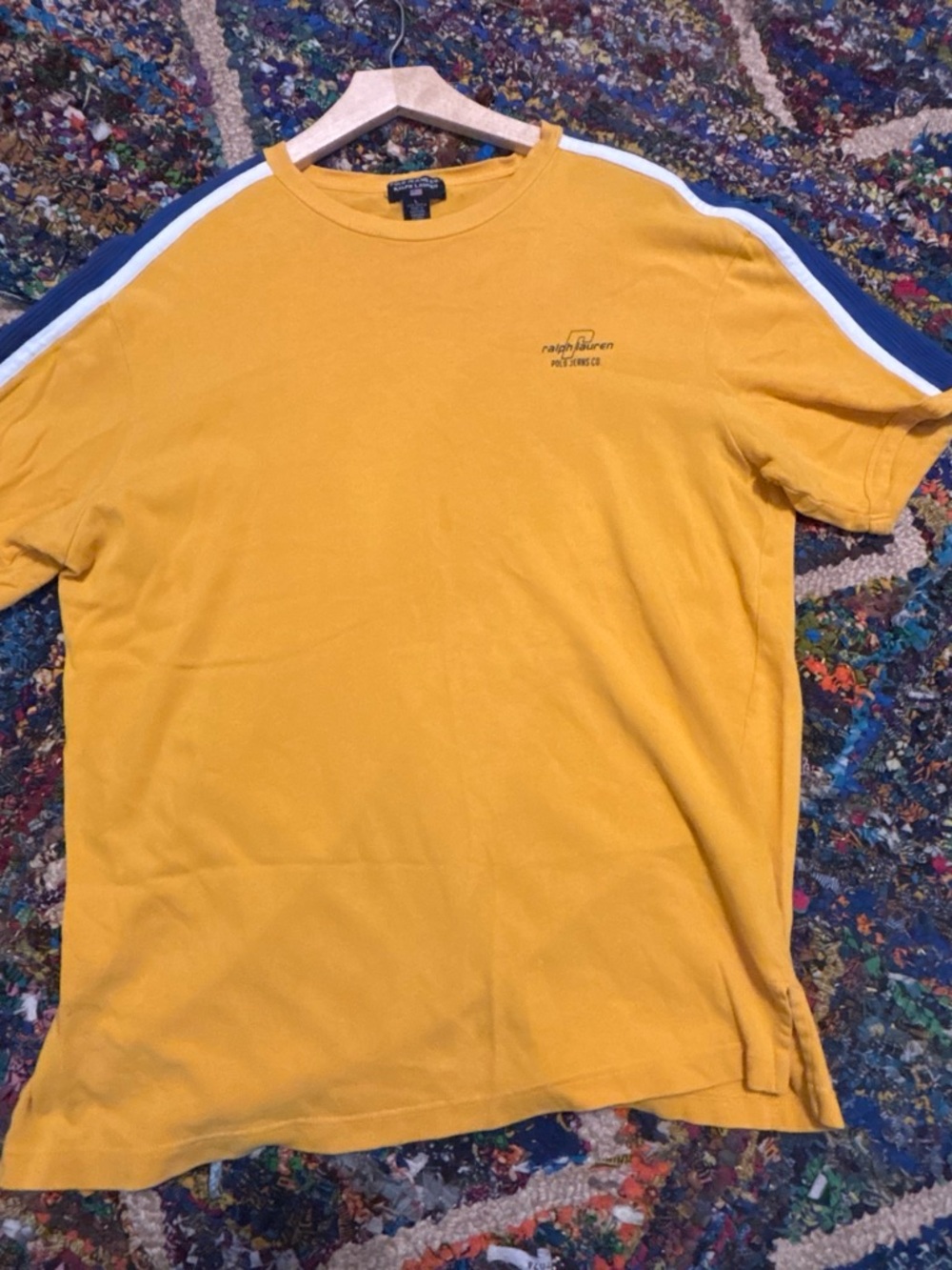 Polo by Ralph Lauren Yellow Tee with Blue & White Shoulder Stripes